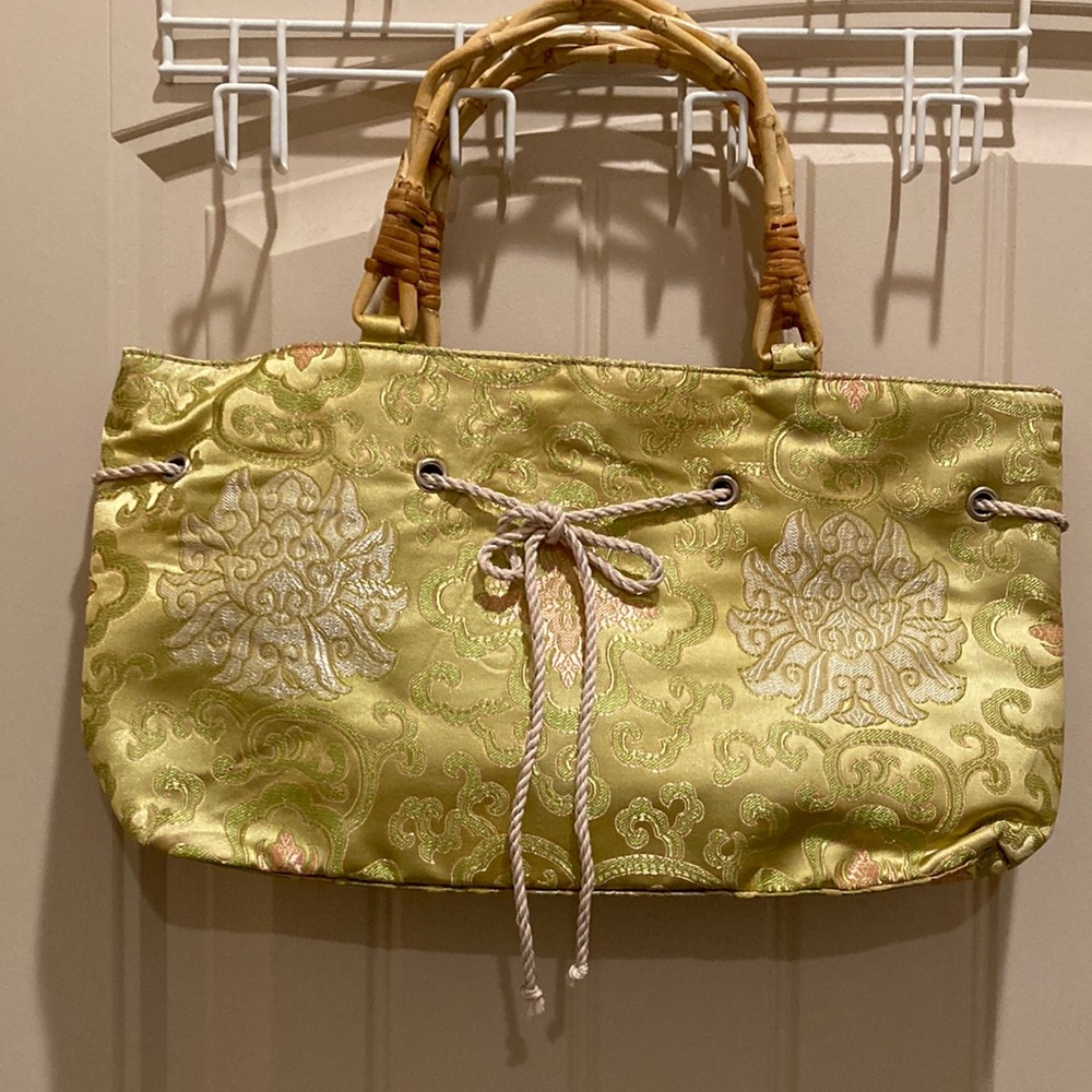 Fiona Lang Handbag Purse Bamboo Handles Yellow Gold Floral Satiny Floral Details